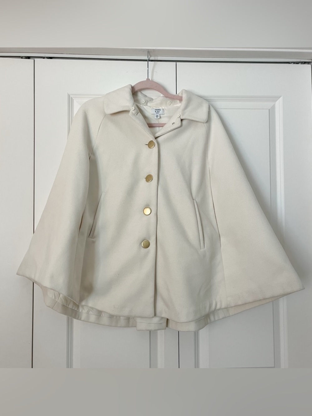 Crown & Ivy Petite White Cape Coat with Gold Buttons